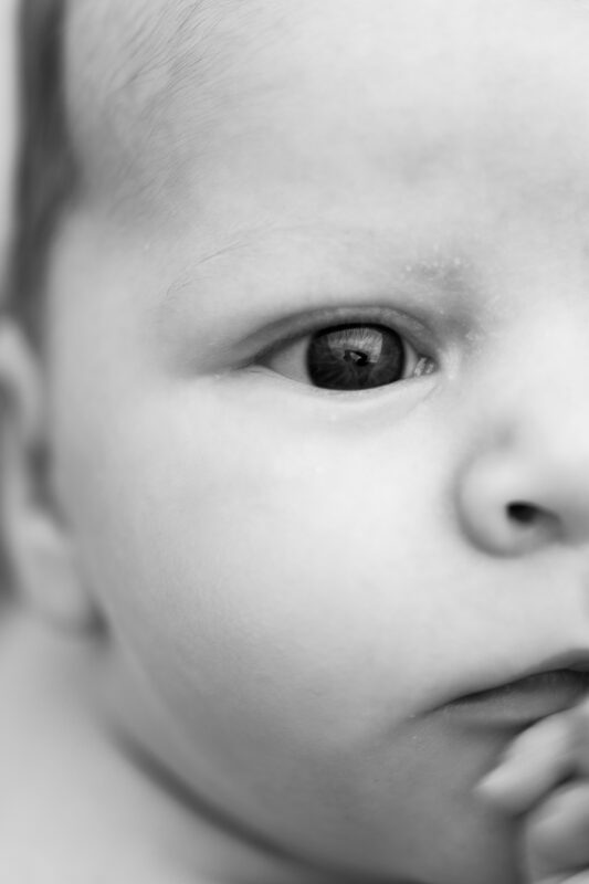 Black and white close-up of awake newborn eye.
